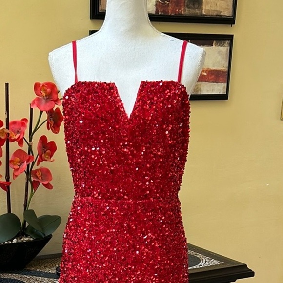 Women’s Red Sequin Thigh Slit Sleeveless Spaghetti Strap Cocktail Party Dress XL - Picture 3 of 14